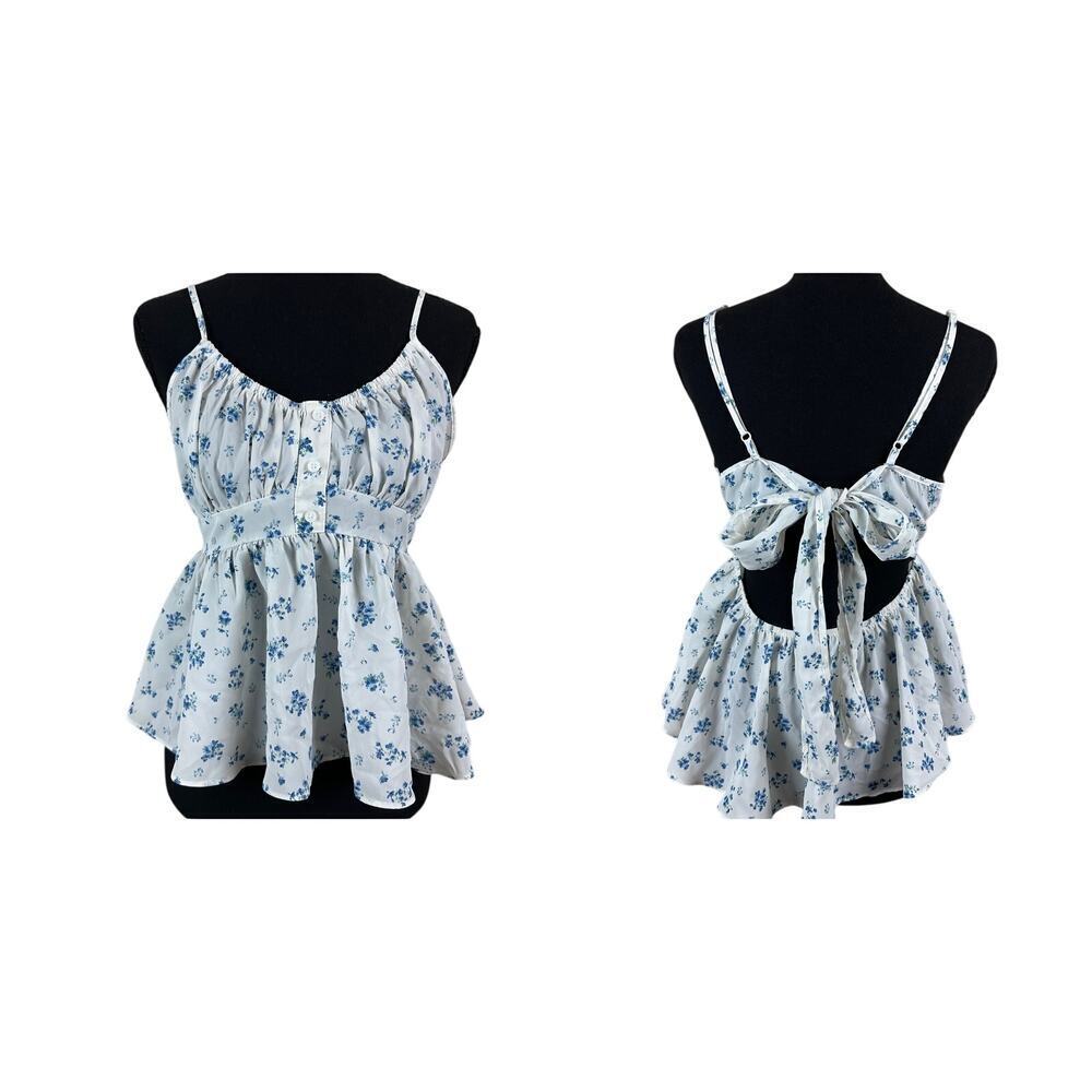 Shein Blue Floral Tie Back Babydoll Milkmaid Cottagecore Coquette Cami Top SizeM - Picture 2 of 9